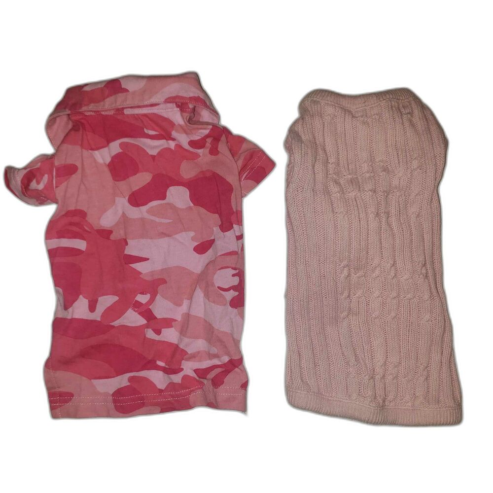 Pink Lightweight Cotton Camouflage Dog Shirt and Pink Dog Sweater Size Small